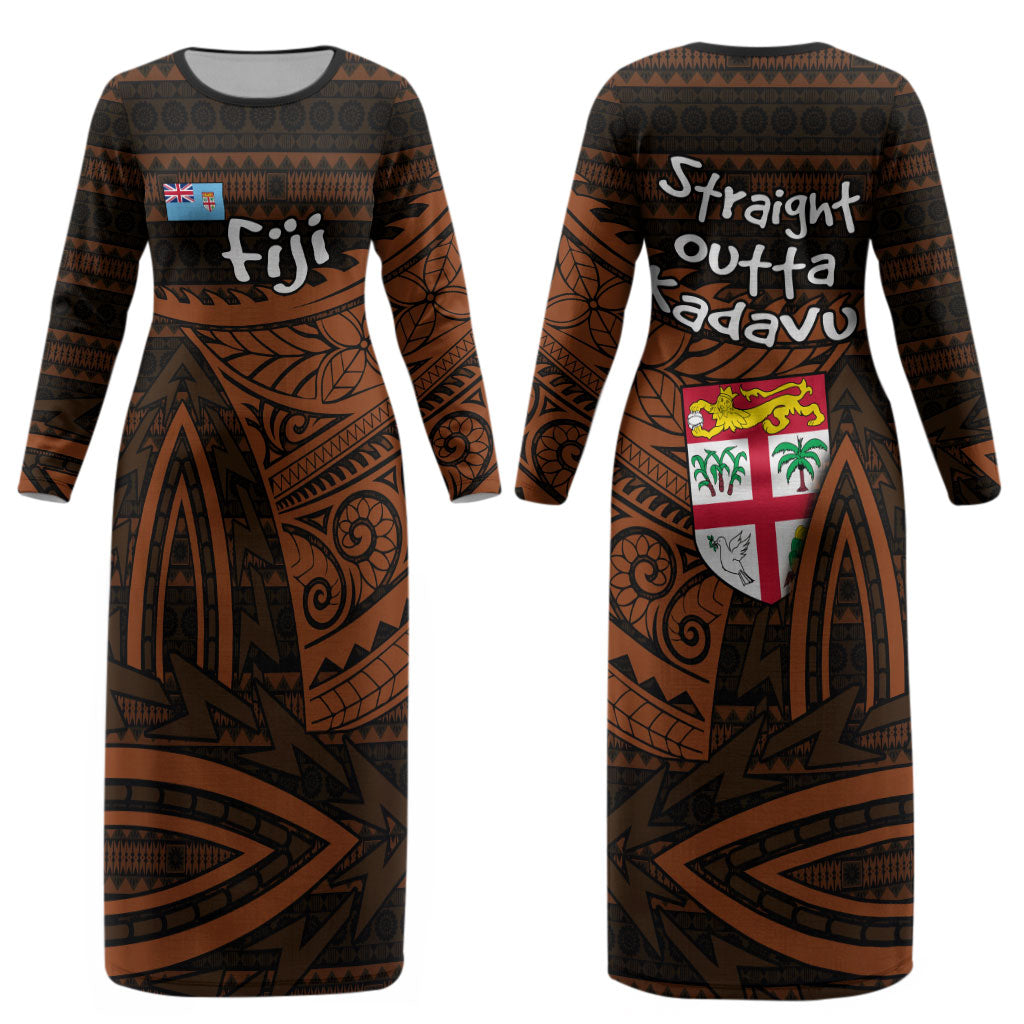 Straight Outta Kadavu Fiji Couples Matching Long Sleeve Bodycon Dress and Hawaiian Shirt Tribal Polynesian Tattoo Coat Of Arms Flag TS04 - Polynesian Pride