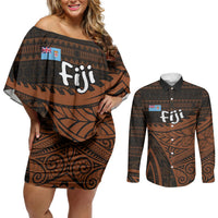 Straight Outta Kadavu Fiji Couples Matching Off Shoulder Short Dress and Long Sleeve Button Shirt Tribal Polynesian Tattoo Coat Of Arms Flag TS04 Brown Black - Polynesian Pride