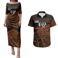 Straight Outta Kadavu Fiji Couples Matching Puletasi and Hawaiian Shirt Tribal Polynesian Tattoo Coat Of Arms Flag TS04 Brown Black - Polynesian Pride
