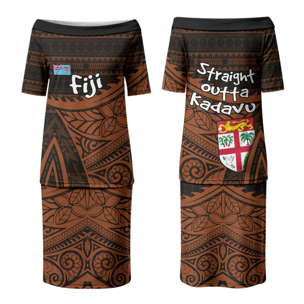 Straight Outta Kadavu Fiji Couples Matching Puletasi and Long Sleeve Button Shirt Tribal Polynesian Tattoo Coat Of Arms Flag TS04 - Polynesian Pride