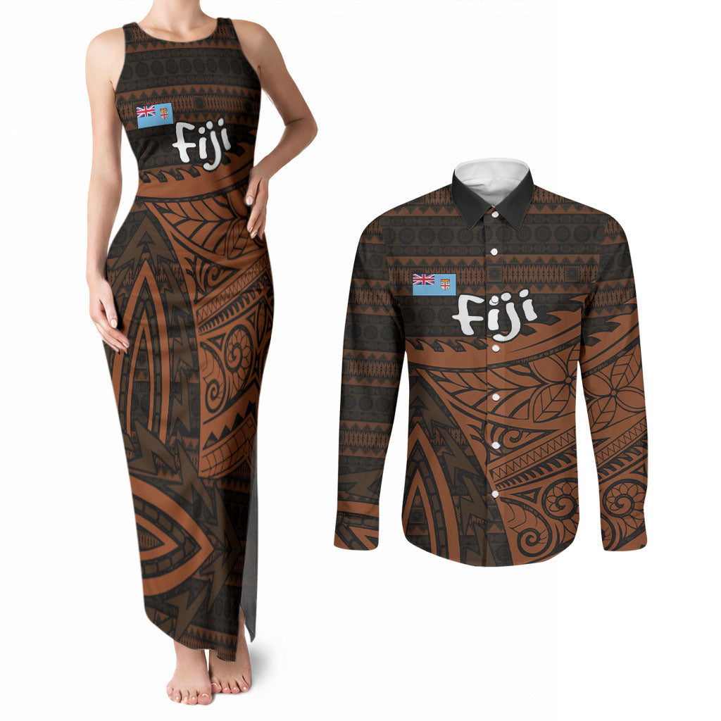 Straight Outta Kadavu Fiji Couples Matching Tank Maxi Dress and Long Sleeve Button Shirt Tribal Polynesian Tattoo Coat Of Arms Flag TS04 Brown Black - Polynesian Pride