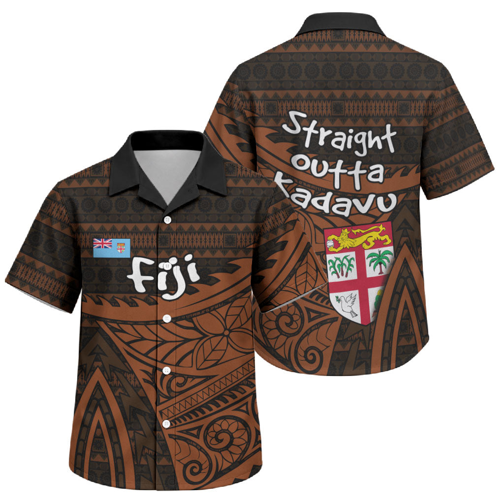 Straight Outta Kadavu Fiji Family Matching Off Shoulder Short Dress and Hawaiian Shirt Tribal Polynesian Tattoo Coat Of Arms Flag TS04 Son's Shirt Brown Black - Polynesian Pride