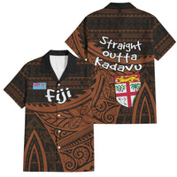 Straight Outta Kadavu Fiji Family Matching Puletasi and Hawaiian Shirt Tribal Polynesian Tattoo Coat Of Arms Flag TS04 Dad's Shirt - Short Sleeve Brown Black - Polynesian Pride