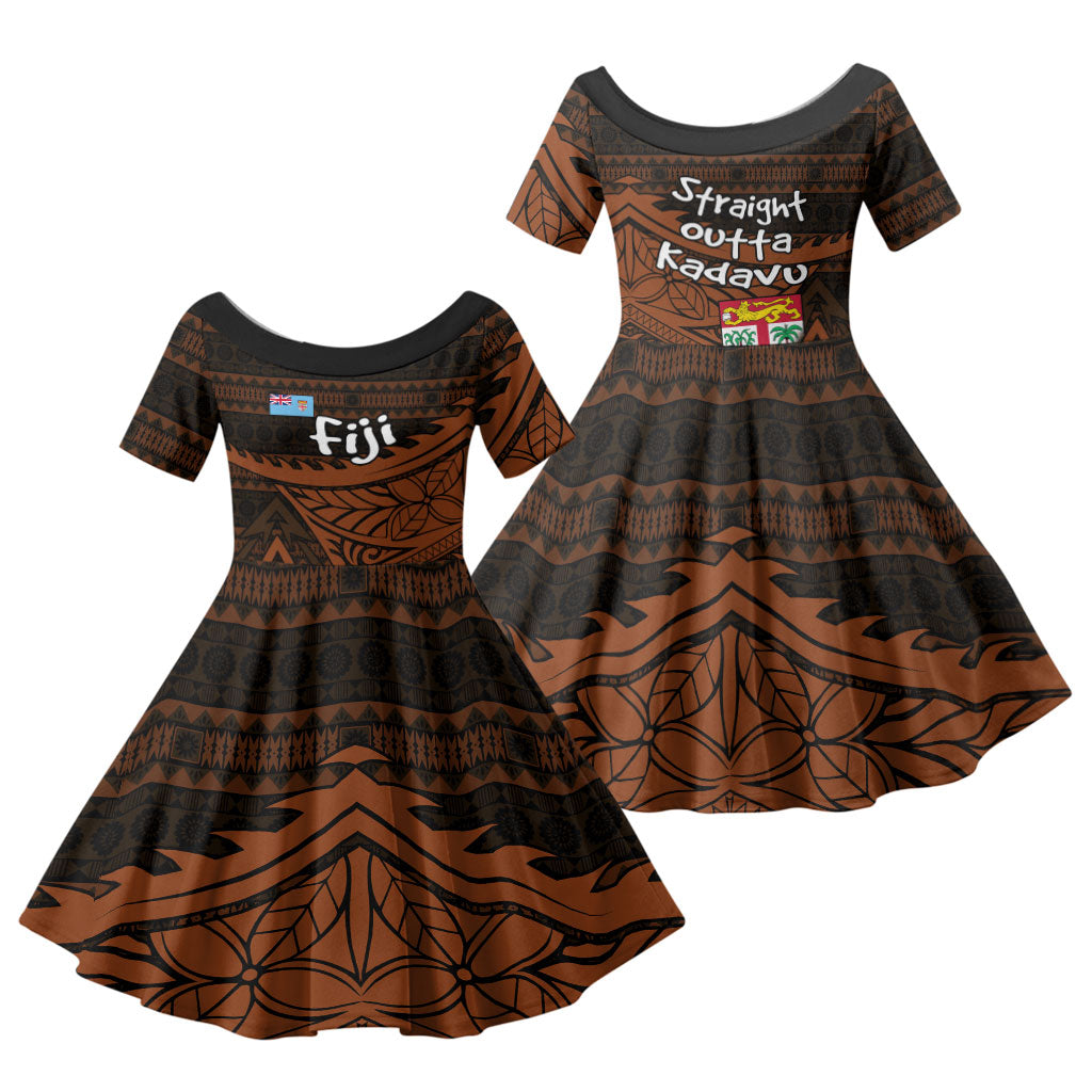 Straight Outta Kadavu Fiji Family Matching Puletasi and Hawaiian Shirt Tribal Polynesian Tattoo Coat Of Arms Flag TS04 Daughter's Dress Brown Black - Polynesian Pride