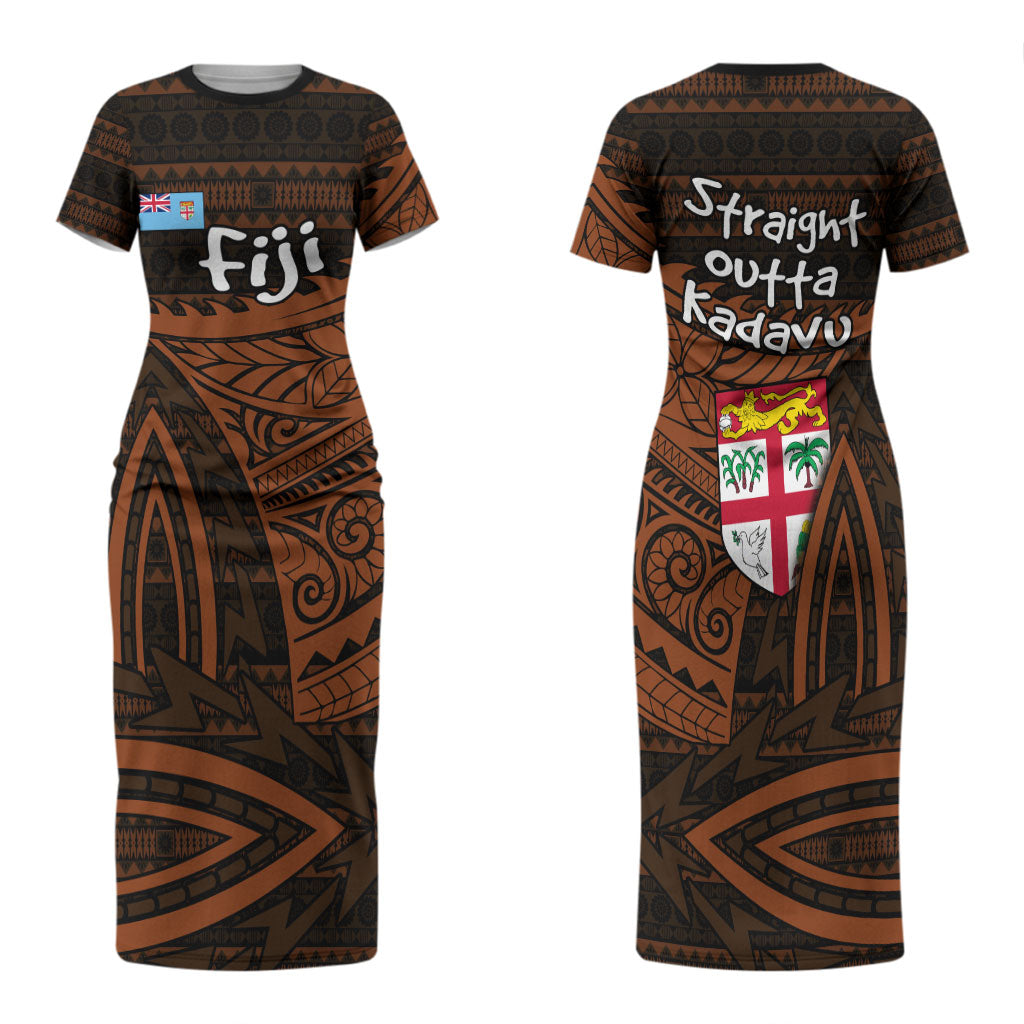 Straight Outta Kadavu Fiji Family Matching Short Sleeve Bodycon Dress and Hawaiian Shirt Tribal Polynesian Tattoo Coat Of Arms Flag TS04 Mom's Dress Brown Black - Polynesian Pride