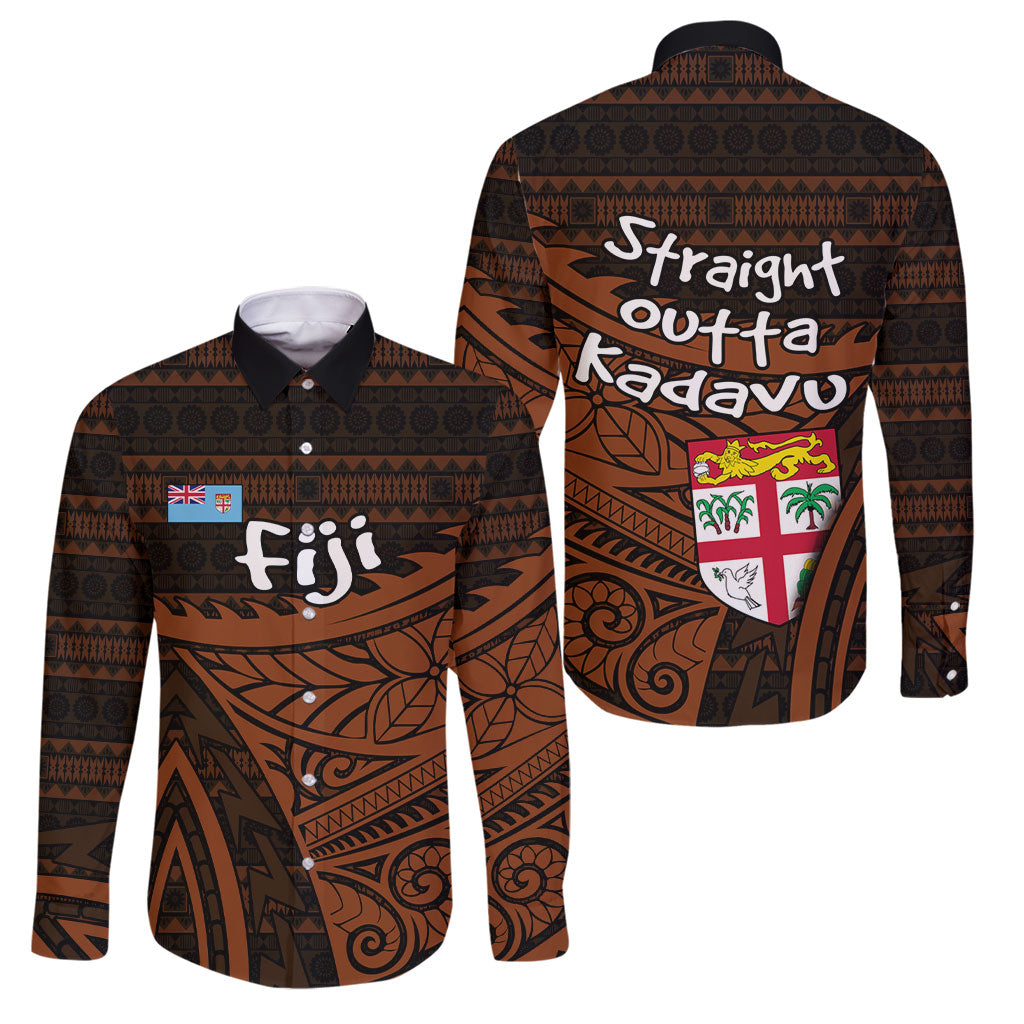 Straight Outta Kadavu Fiji Family Matching Short Sleeve Bodycon Dress and Hawaiian Shirt Tribal Polynesian Tattoo Coat Of Arms Flag TS04 Dad's Shirt - Long Sleeve Brown Black - Polynesian Pride