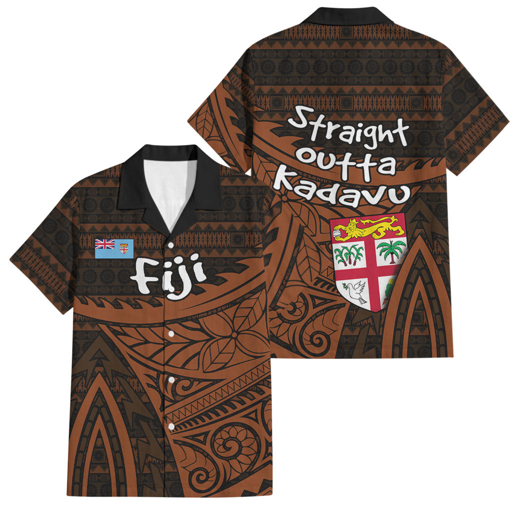 Straight Outta Kadavu Fiji Family Matching Summer Maxi Dress and Hawaiian Shirt Tribal Polynesian Tattoo Coat Of Arms Flag TS04 Dad's Shirt - Short Sleeve Brown Black - Polynesian Pride