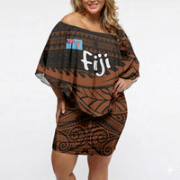 Straight Outta Kadavu Fiji Off Shoulder Short Dress Tribal Polynesian Tattoo Coat Of Arms Flag TS04 Women Brown Black - Polynesian Pride