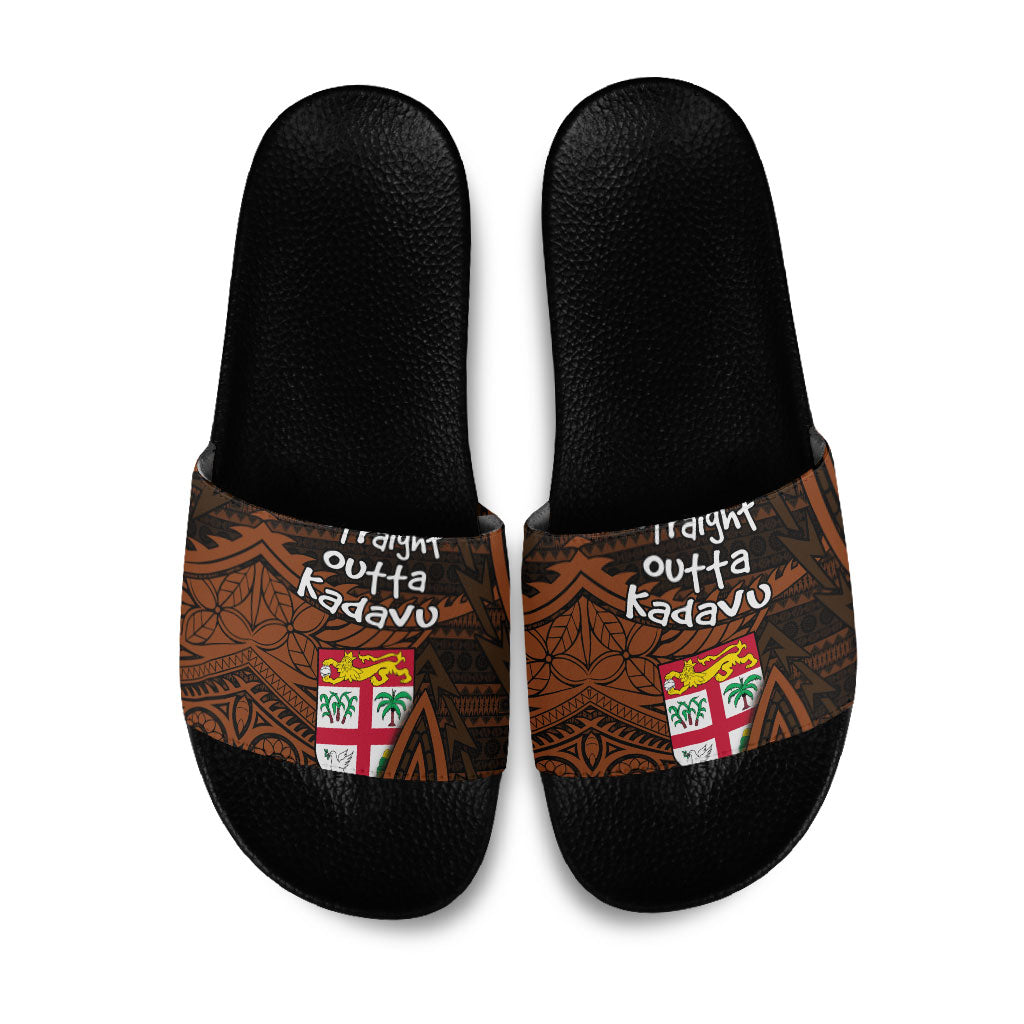 Straight Outta Kadavu Fiji Slide Sandals Tribal Polynesian Tattoo Coat Of Arms Flag TS04 Brown Black - Polynesian Pride