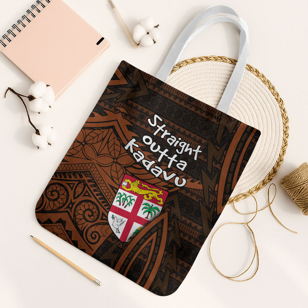 Straight Outta Kadavu Fiji Tote Bag Tribal Polynesian Tattoo Coat Of Arms Flag TS04 White Strap One Size Brown Black - Polynesian Pride