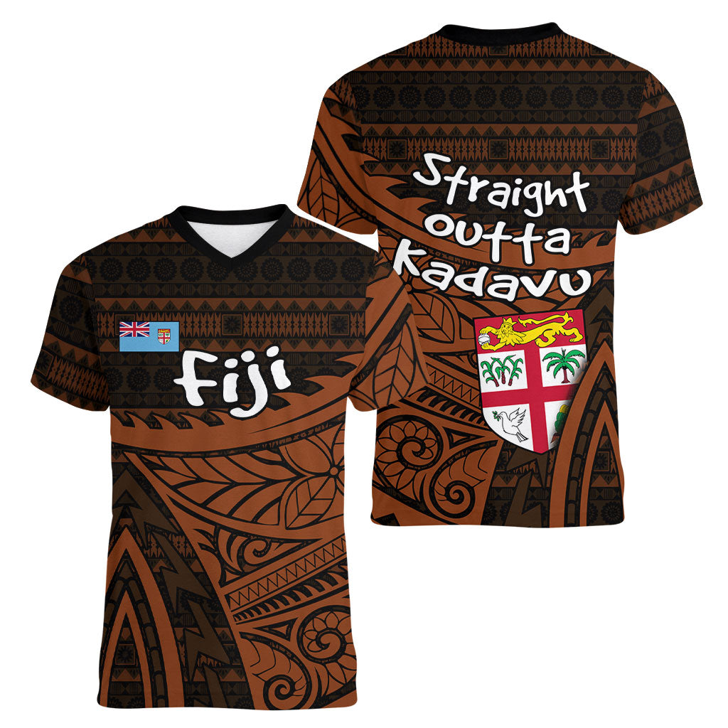Straight Outta Kadavu Fiji Women V-Neck T-Shirt Tribal Polynesian Tattoo Coat Of Arms Flag TS04 - Polynesian Pride