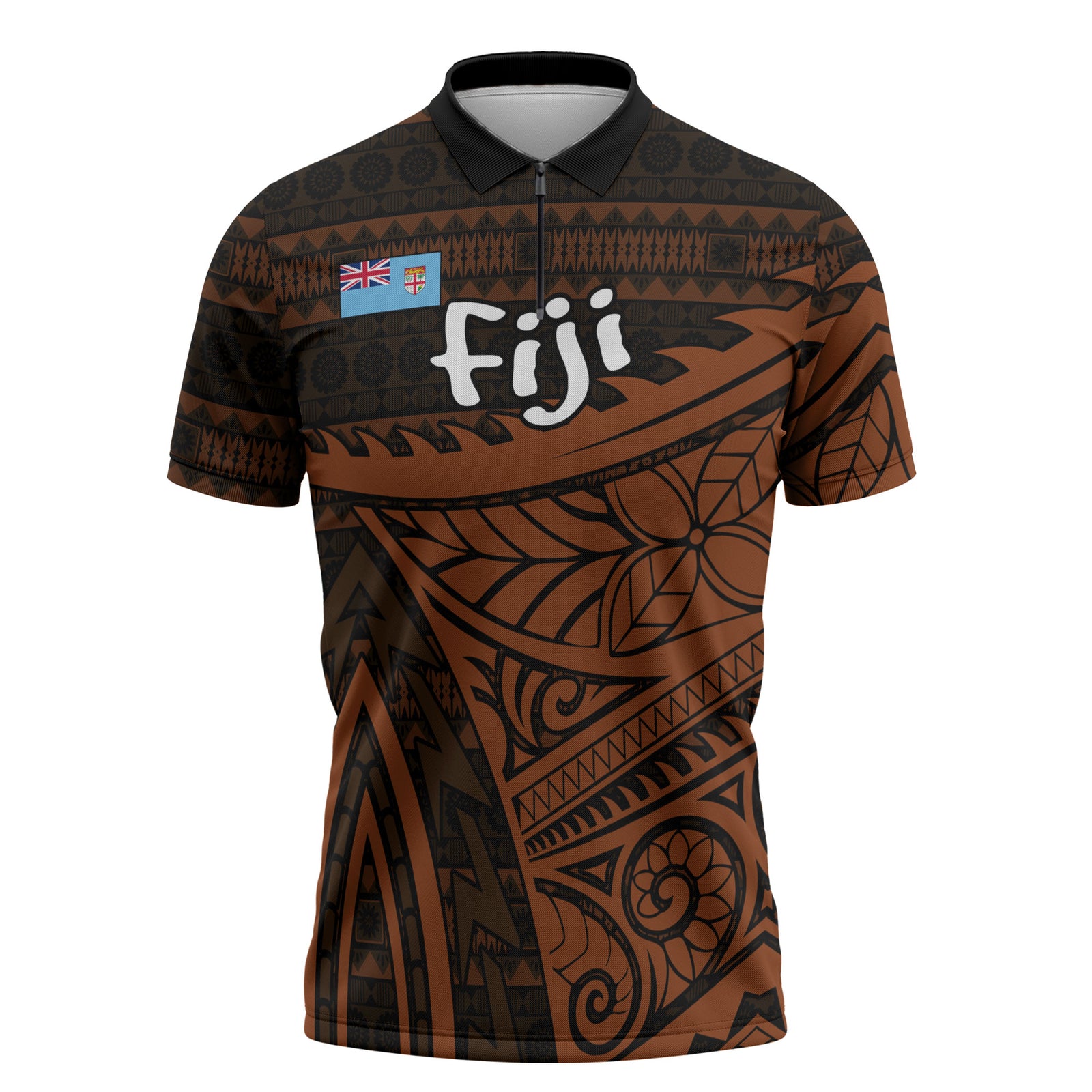 Straight Outta Kadavu Fiji Zipper Polo Shirt Tribal Polynesian Tattoo Coat Of Arms Flag