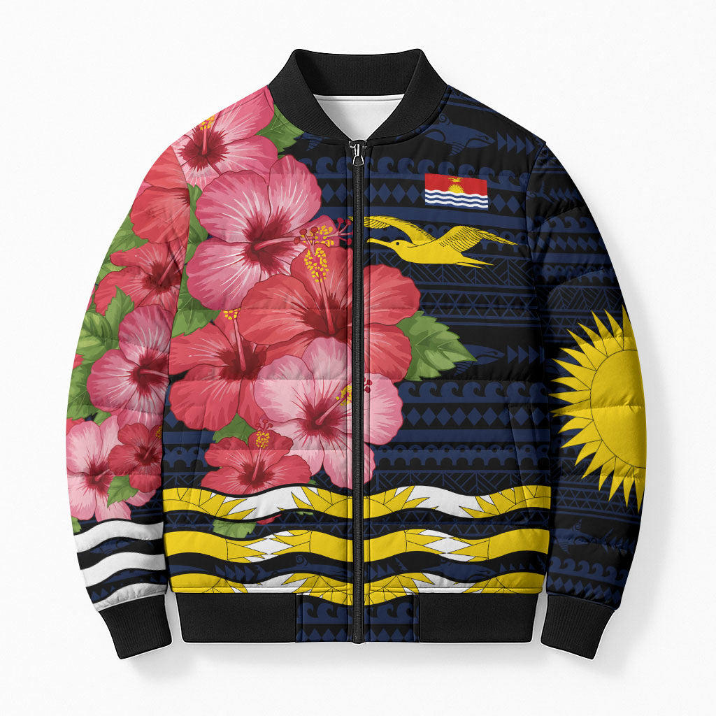 Kiribati Bomber Puffer Jacket Tropical Pink Hibiscus Flowers Polynesian Tribal TS04 Unisex Blue Black - Polynesian Pride