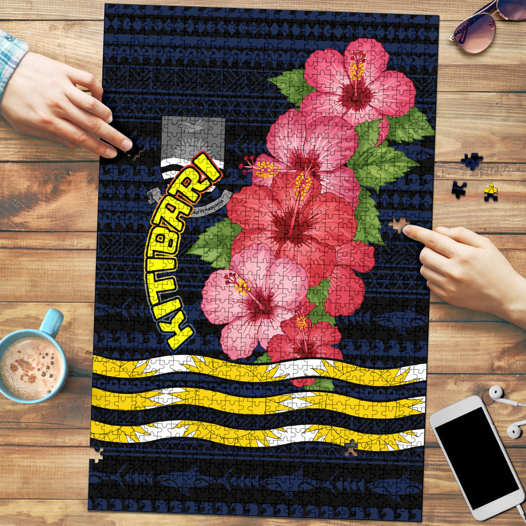 Kiribati Puzzle Tropical Pink Hibiscus Flowers Polynesian Tribal TS04 Blue Black - Polynesian Pride