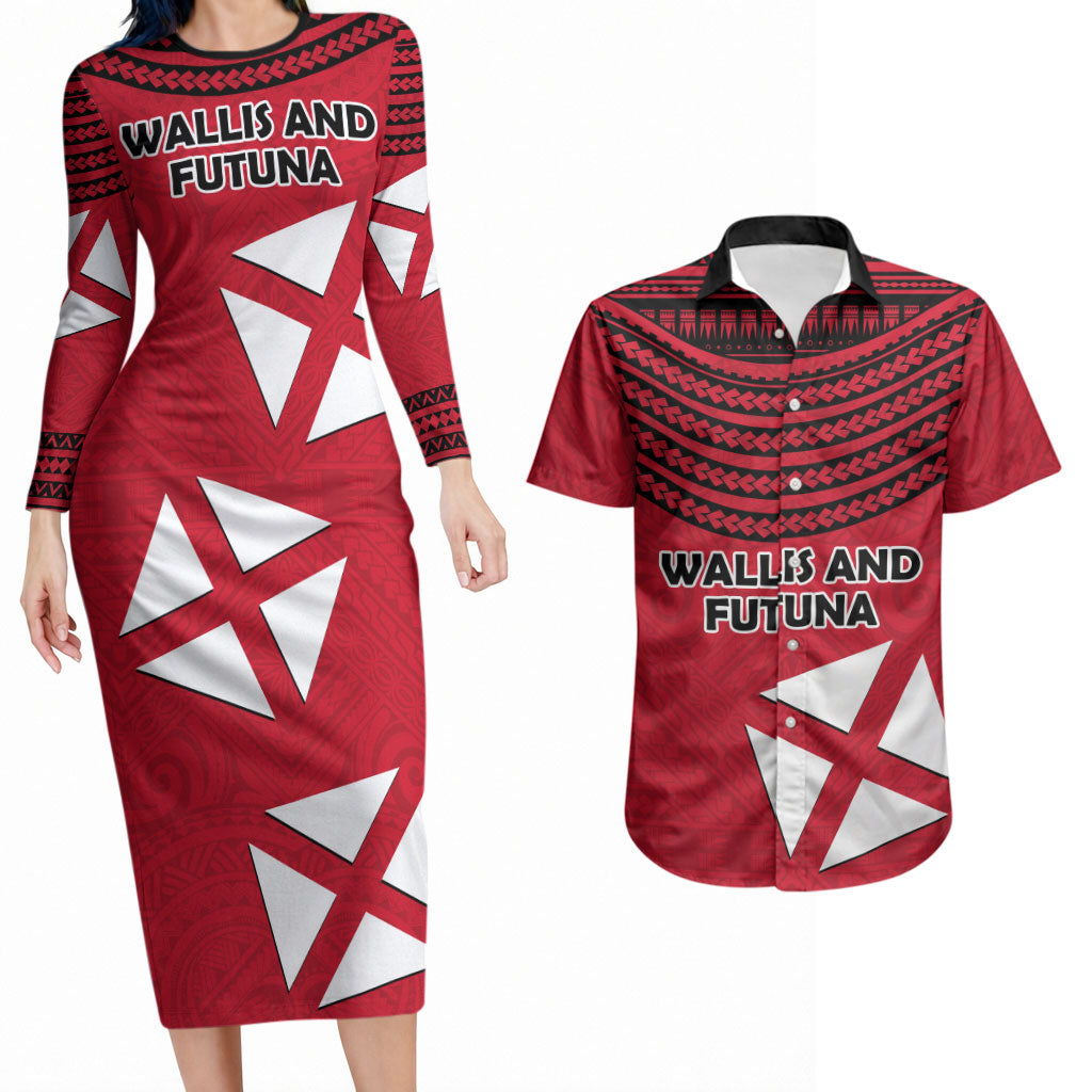 Wallis And Futuna Couples Matching Long Sleeve Bodycon Dress and Hawaiian Shirt Polynesian Tattoo Flag Map TS04 Red Black - Polynesian Pride