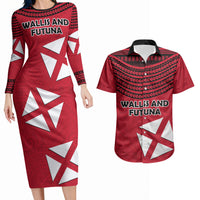 Wallis And Futuna Couples Matching Long Sleeve Bodycon Dress and Hawaiian Shirt Polynesian Tattoo Flag Map TS04 Red Black - Polynesian Pride