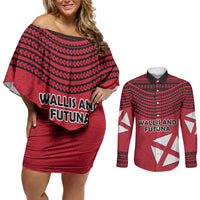 Wallis And Futuna Couples Matching Off Shoulder Short Dress and Long Sleeve Button Shirt Polynesian Tattoo Flag Map TS04 Red Black - Polynesian Pride