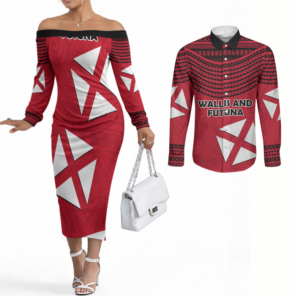 Wallis And Futuna Couples Matching Off The Shoulder Long Sleeve Dress and Long Sleeve Button Shirt Polynesian Tattoo Flag Map