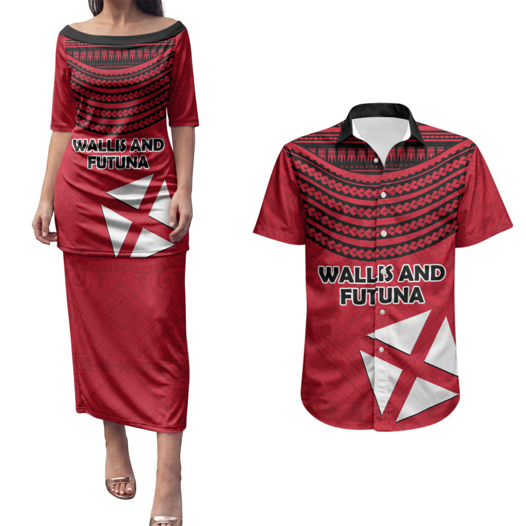 Wallis And Futuna Couples Matching Puletasi and Hawaiian Shirt Polynesian Tattoo Flag Map TS04 Red Black - Polynesian Pride