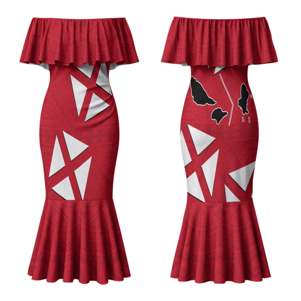 Wallis And Futuna Family Matching Mermaid Dress and Hawaiian Shirt Polynesian Tattoo Flag Map TS04 Mom's Dress Red Black - Polynesian Pride