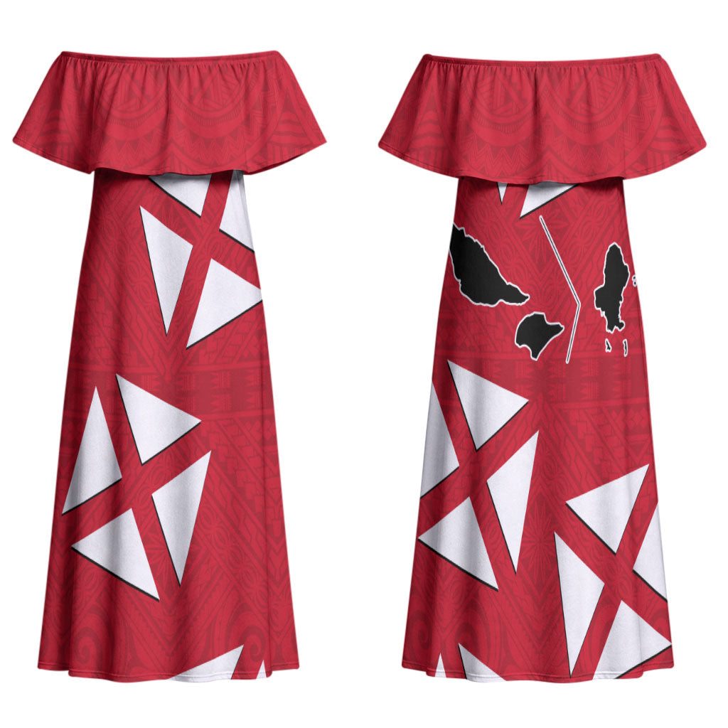 Wallis And Futuna Family Matching Off Shoulder Maxi Dress and Hawaiian Shirt Polynesian Tattoo Flag Map TS04 Mom's Dress Red Black - Polynesian Pride