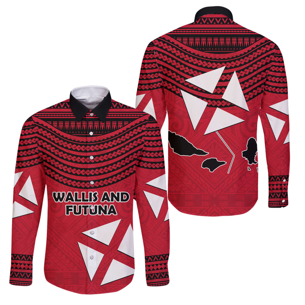 Wallis And Futuna Family Matching Puletasi and Hawaiian Shirt Polynesian Tattoo Flag Map TS04 Dad's Shirt - Long Sleeve Red Black - Polynesian Pride