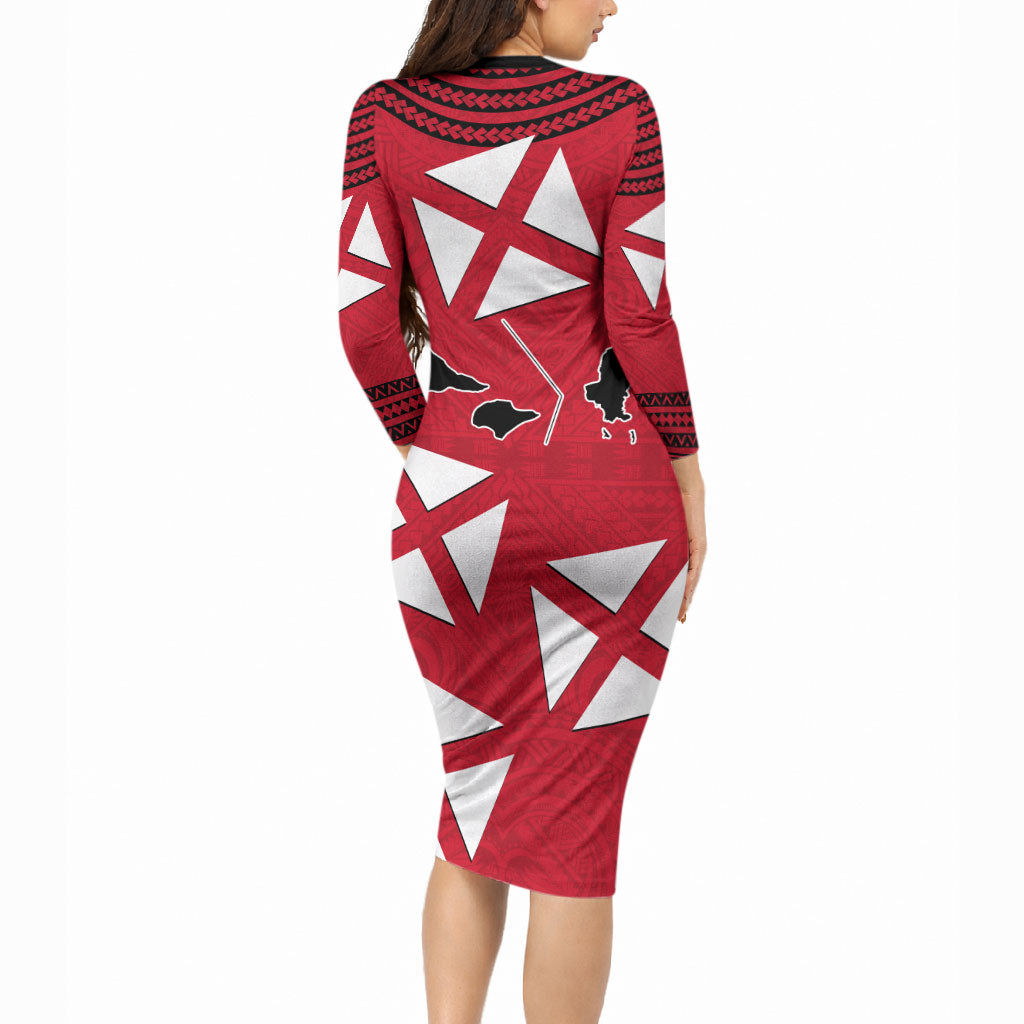 Wallis And Futuna Long Sleeve Bodycon Dress Polynesian Tattoo Flag Map TS04 - Polynesian Pride