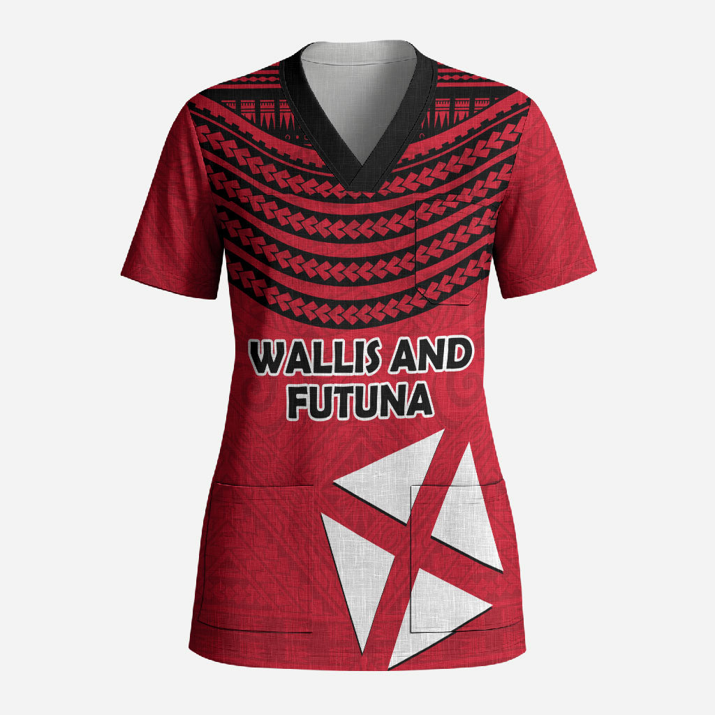 Wallis And Futuna Scrub Top Polynesian Tattoo Flag Map TS04 Adult Red Black - Polynesian Pride