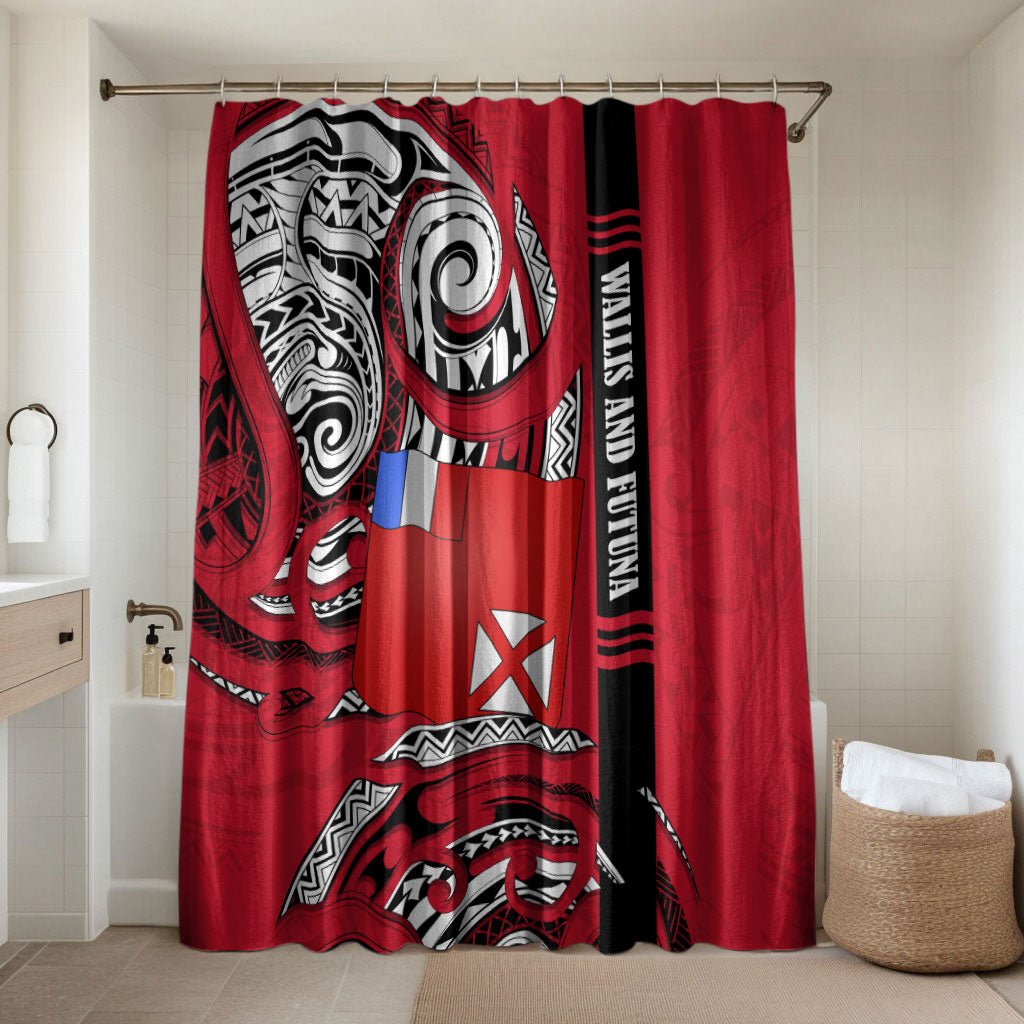 Wallis And Futuna Bathroom Set Tribal Polynesian Tattoo Flag Motif TS04 Shower Curtain Only Red Black - Polynesian Pride