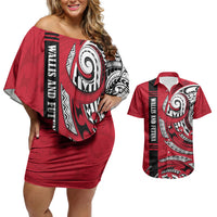 Wallis And Futuna Couples Matching Off Shoulder Short Dress and Hawaiian Shirt Tribal Polynesian Tattoo Flag Motif TS04 Red Black - Polynesian Pride