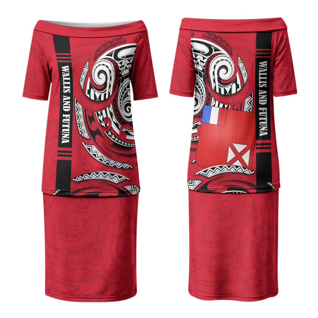 Wallis And Futuna Couples Matching Puletasi and Long Sleeve Button Shirt Tribal Polynesian Tattoo Flag Motif TS04 - Polynesian Pride