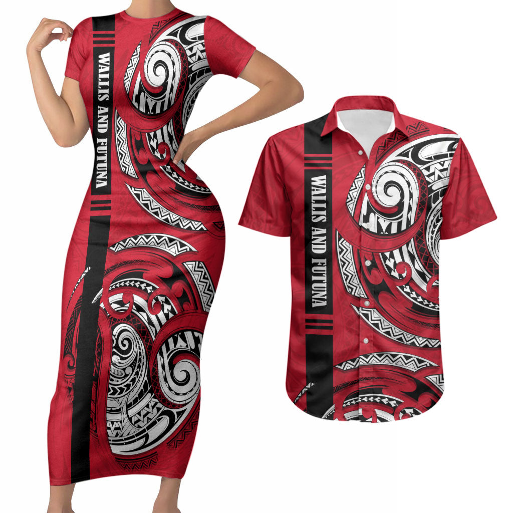 Wallis And Futuna Couples Matching Short Sleeve Bodycon Dress and Hawaiian Shirt Tribal Polynesian Tattoo Flag Motif TS04 Red Black - Polynesian Pride
