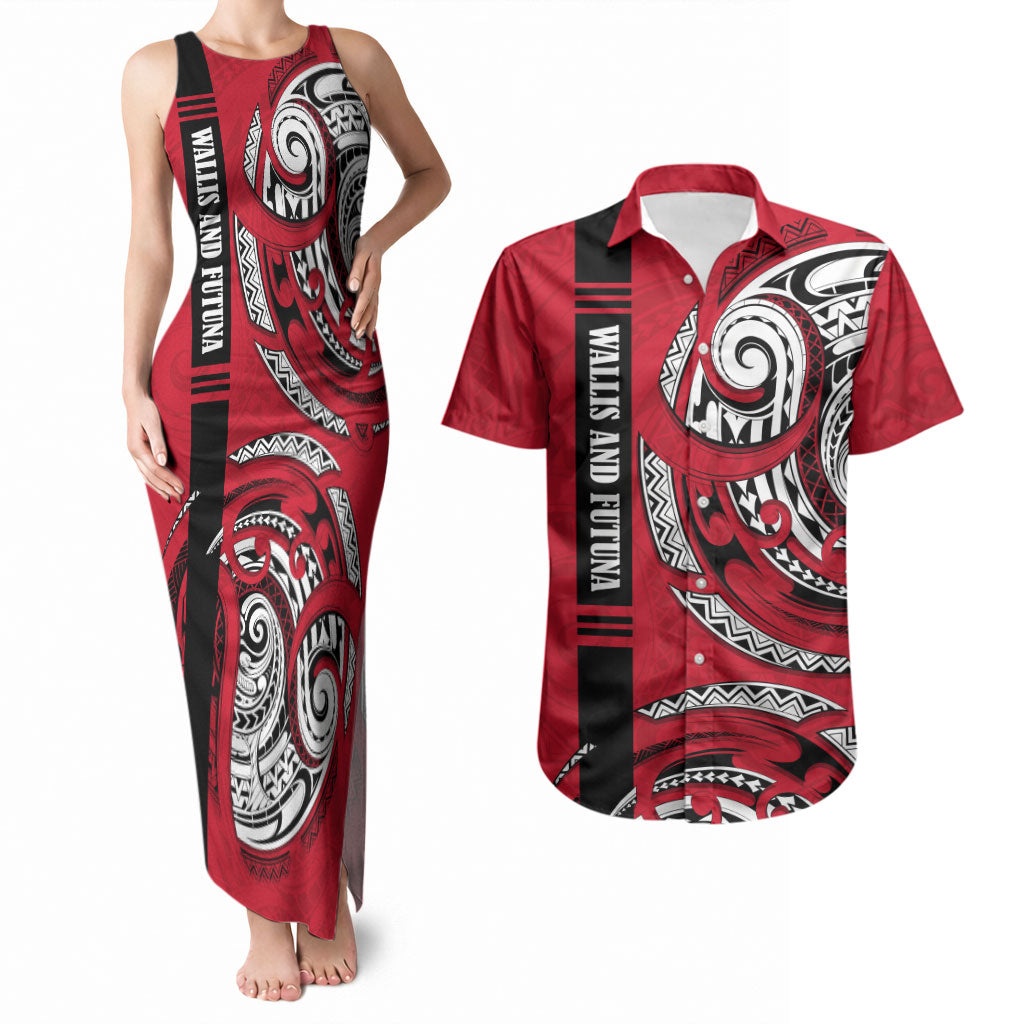 Wallis And Futuna Couples Matching Tank Maxi Dress and Hawaiian Shirt Tribal Polynesian Tattoo Flag Motif TS04 Red Black - Polynesian Pride