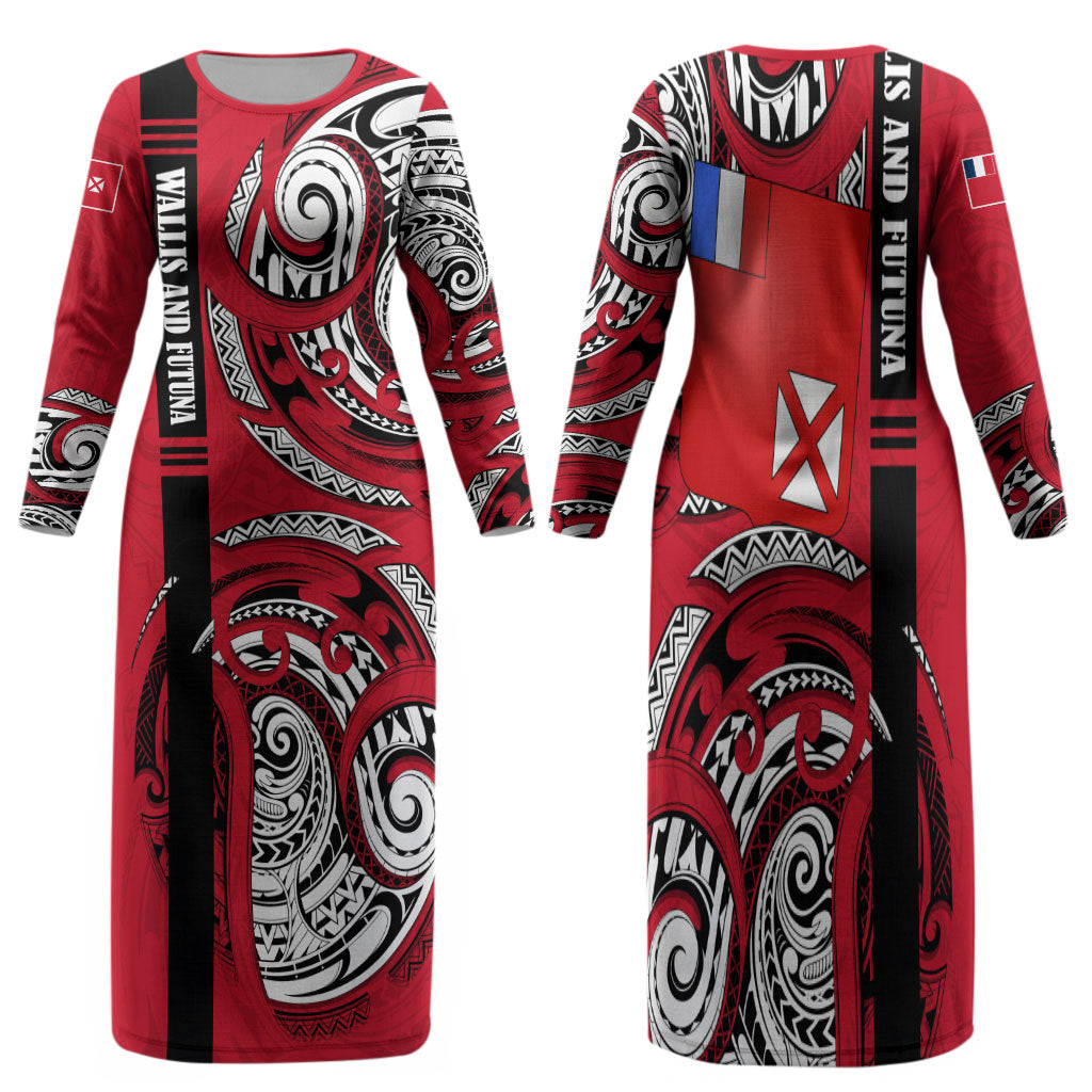 Wallis And Futuna Family Matching Long Sleeve Bodycon Dress and Hawaiian Shirt Tribal Polynesian Tattoo Flag Motif TS04 Mom's Dress Red Black - Polynesian Pride