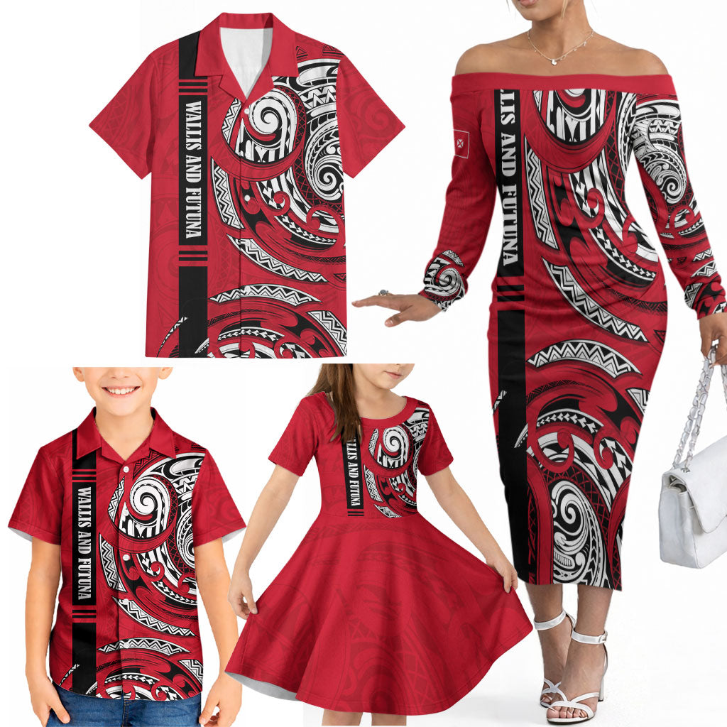 Wallis And Futuna Family Matching Off The Shoulder Long Sleeve Dress and Hawaiian Shirt Tribal Polynesian Tattoo Flag Motif TS04 - Polynesian Pride