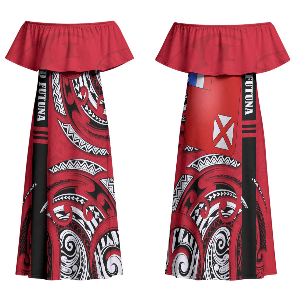 Wallis And Futuna Family Matching Off Shoulder Maxi Dress and Hawaiian Shirt Tribal Polynesian Tattoo Flag Motif TS04 Mom's Dress Red Black - Polynesian Pride