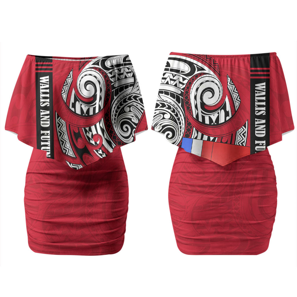 Wallis And Futuna Family Matching Off Shoulder Short Dress and Hawaiian Shirt Tribal Polynesian Tattoo Flag Motif TS04 Mom's Dress Red Black - Polynesian Pride