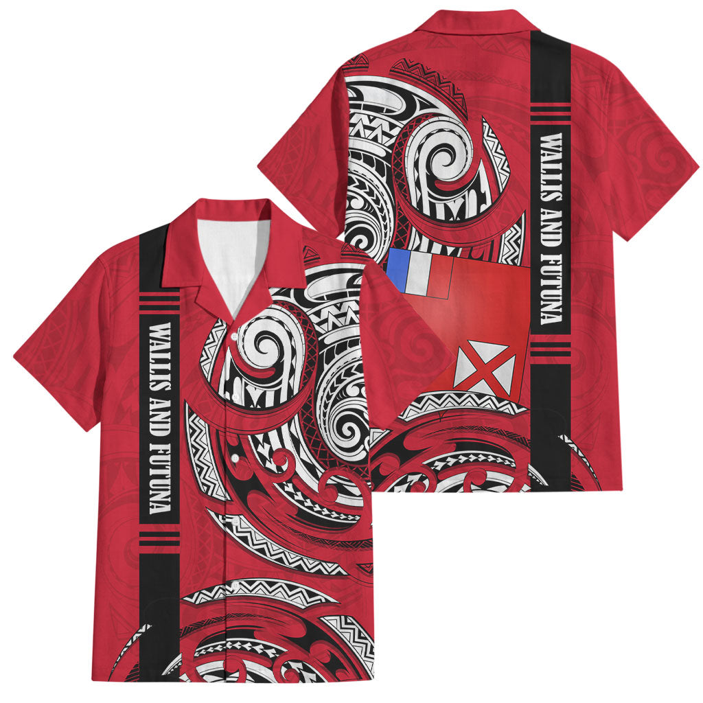 Wallis And Futuna Family Matching Off Shoulder Short Dress and Hawaiian Shirt Tribal Polynesian Tattoo Flag Motif TS04 Dad's Shirt - Short Sleeve Red Black - Polynesian Pride