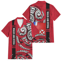 Wallis And Futuna Family Matching Off Shoulder Short Dress and Hawaiian Shirt Tribal Polynesian Tattoo Flag Motif TS04 Dad's Shirt - Short Sleeve Red Black - Polynesian Pride