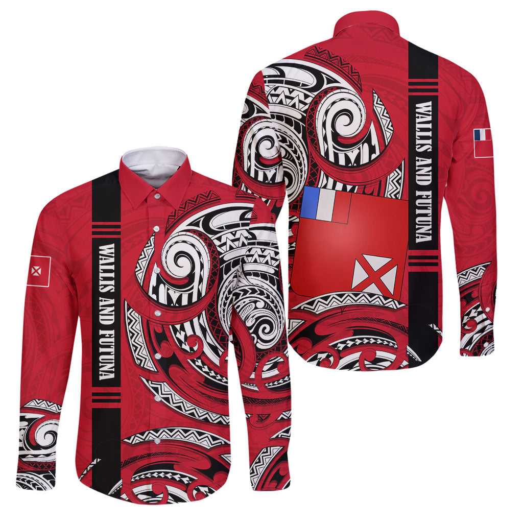 Wallis And Futuna Family Matching Puletasi and Hawaiian Shirt Tribal Polynesian Tattoo Flag Motif TS04 Dad's Shirt - Long Sleeve Red Black - Polynesian Pride