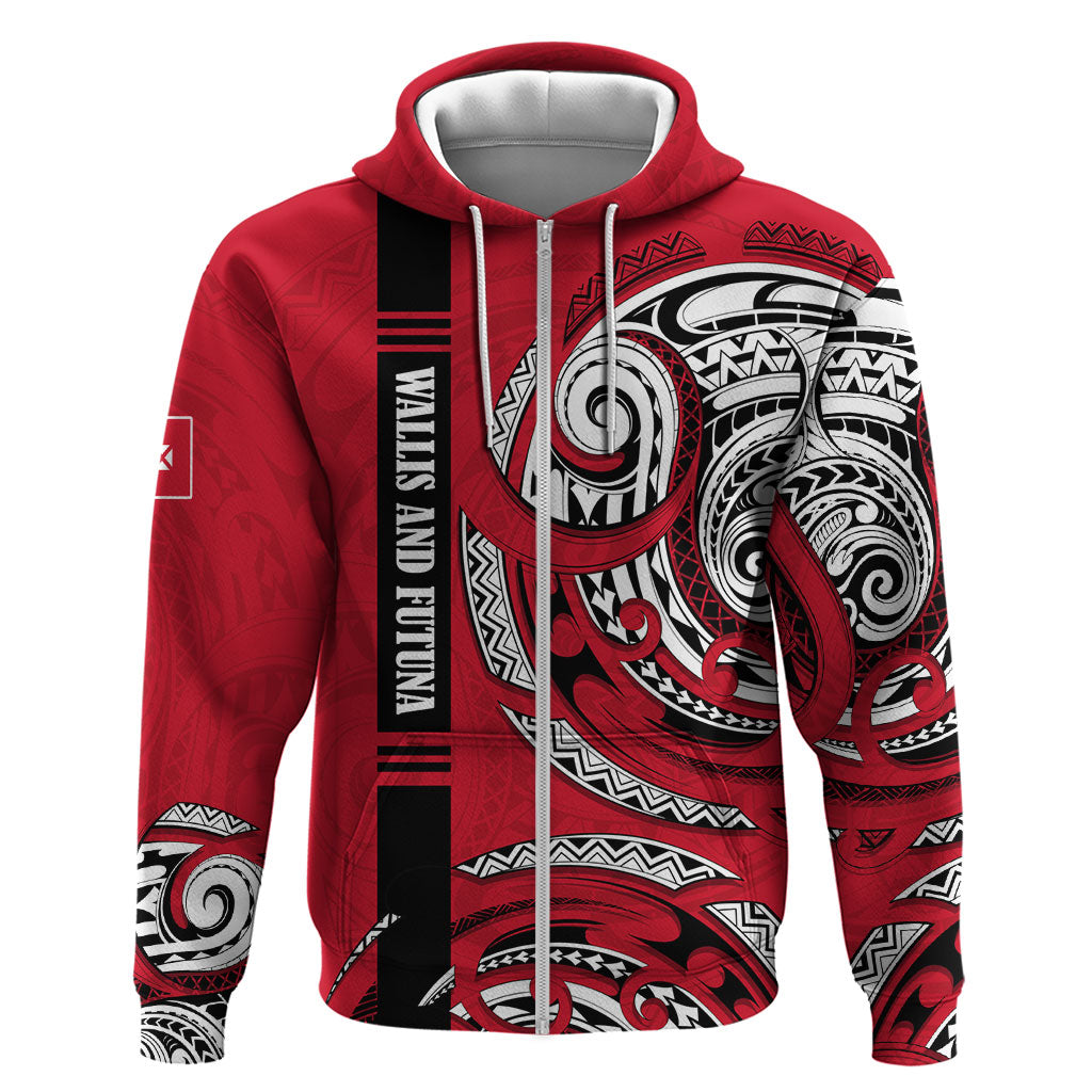 Wallis And Futuna Hoodie Tribal Polynesian Tattoo Flag Motif TS04 Zip Hoodie Red Black - Polynesian Pride