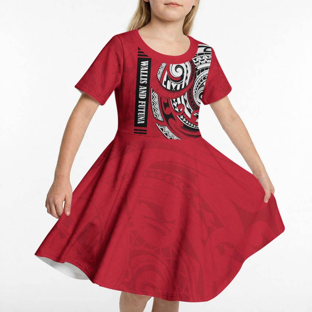 Wallis And Futuna Kid Short Sleeve Dress Tribal Polynesian Tattoo Flag Motif TS04 - Polynesian Pride
