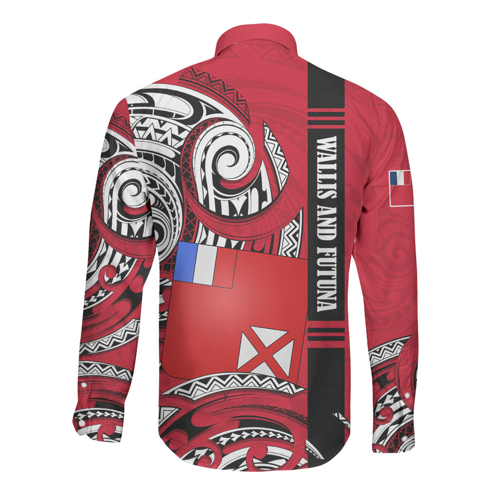 Wallis And Futuna Long Sleeve Button Shirt Tribal Polynesian Tattoo Flag Motif TS04 - Polynesian Pride