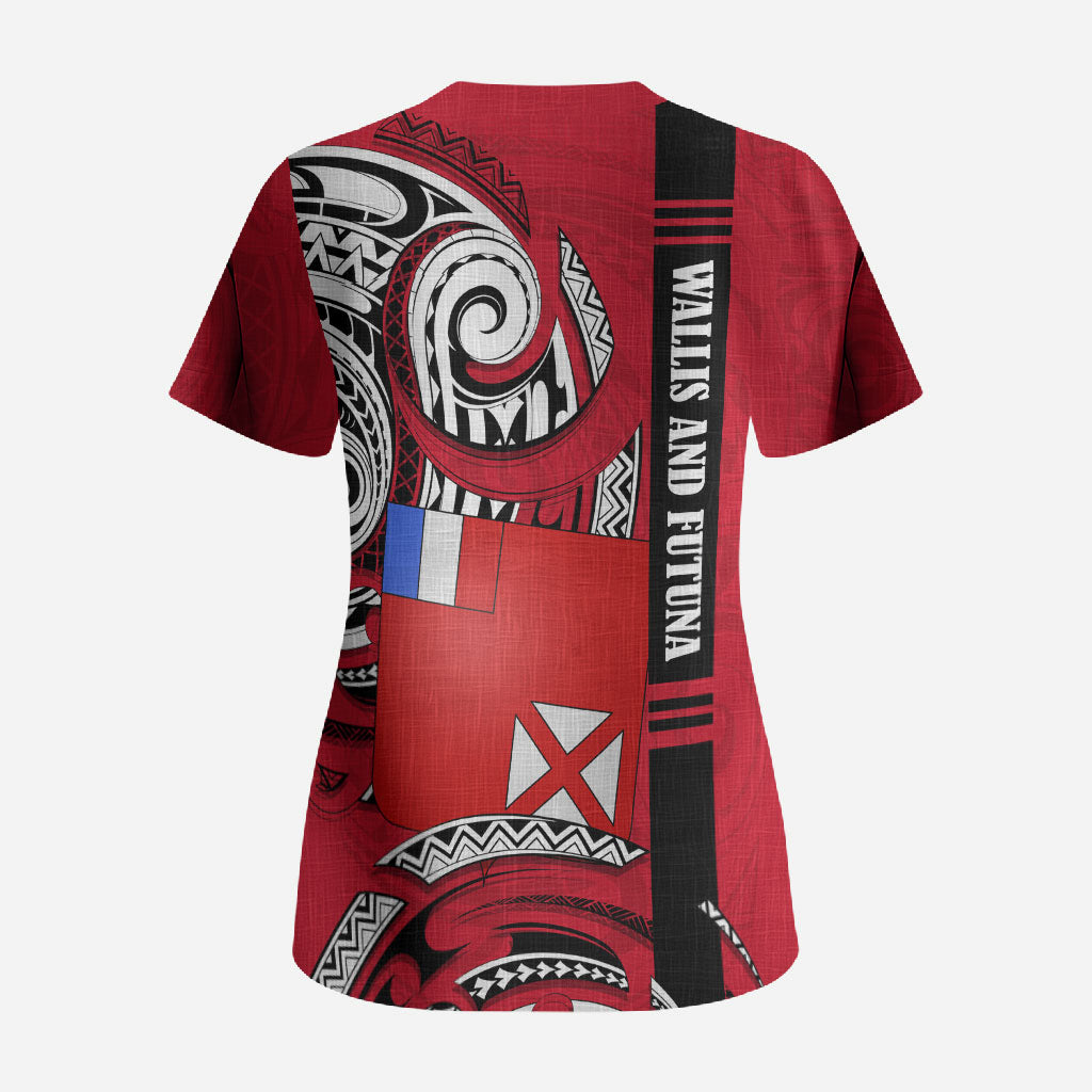 Wallis And Futuna Scrub Top Tribal Polynesian Tattoo Flag Motif TS04 - Polynesian Pride