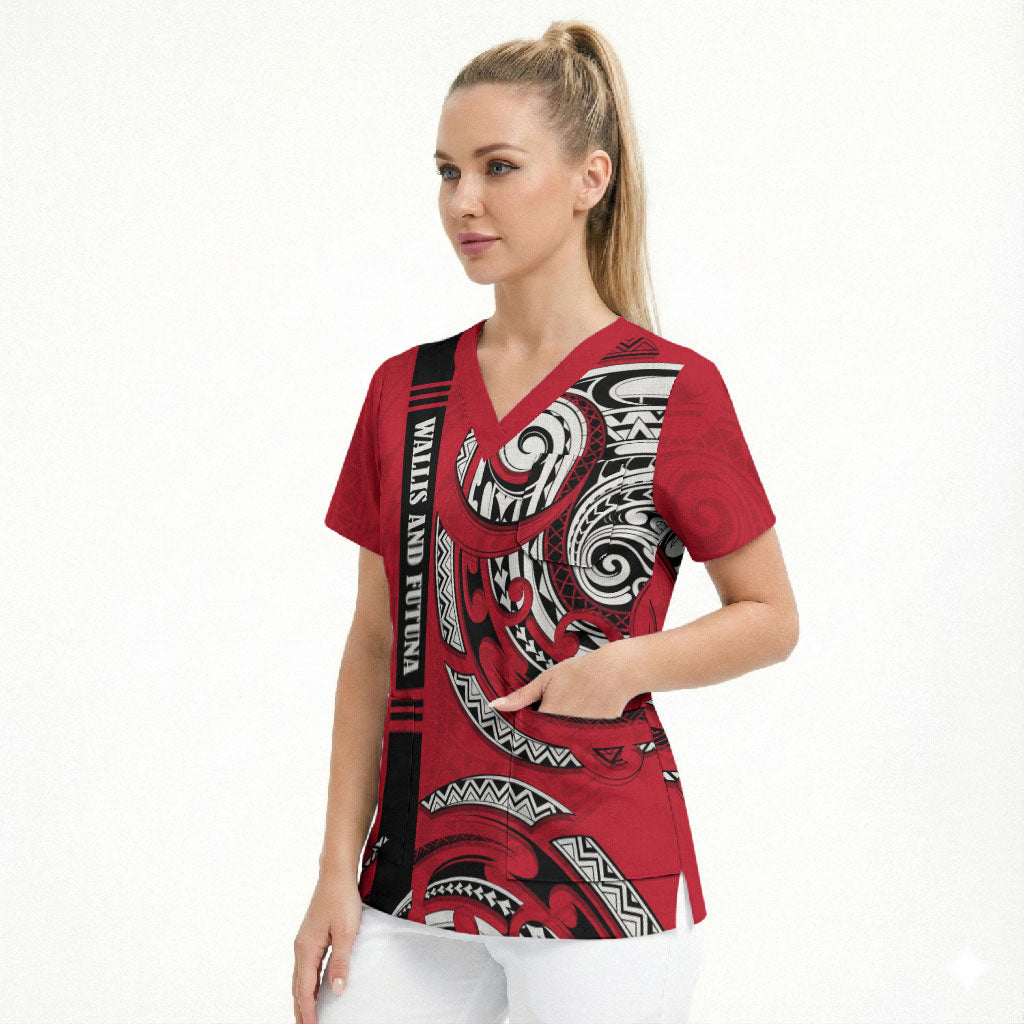 Wallis And Futuna Scrub Top Tribal Polynesian Tattoo Flag Motif TS04 - Polynesian Pride