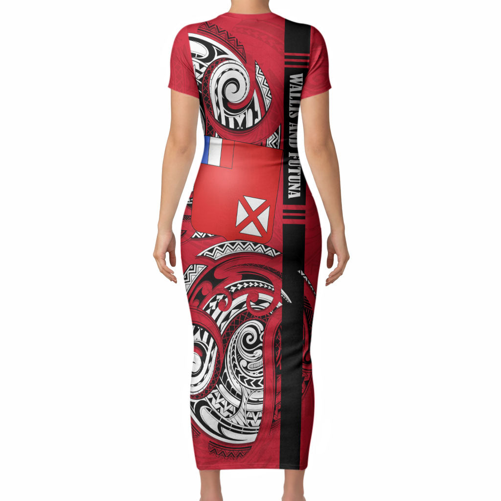 Wallis And Futuna Short Sleeve Bodycon Dress Tribal Polynesian Tattoo Flag Motif TS04 - Polynesian Pride