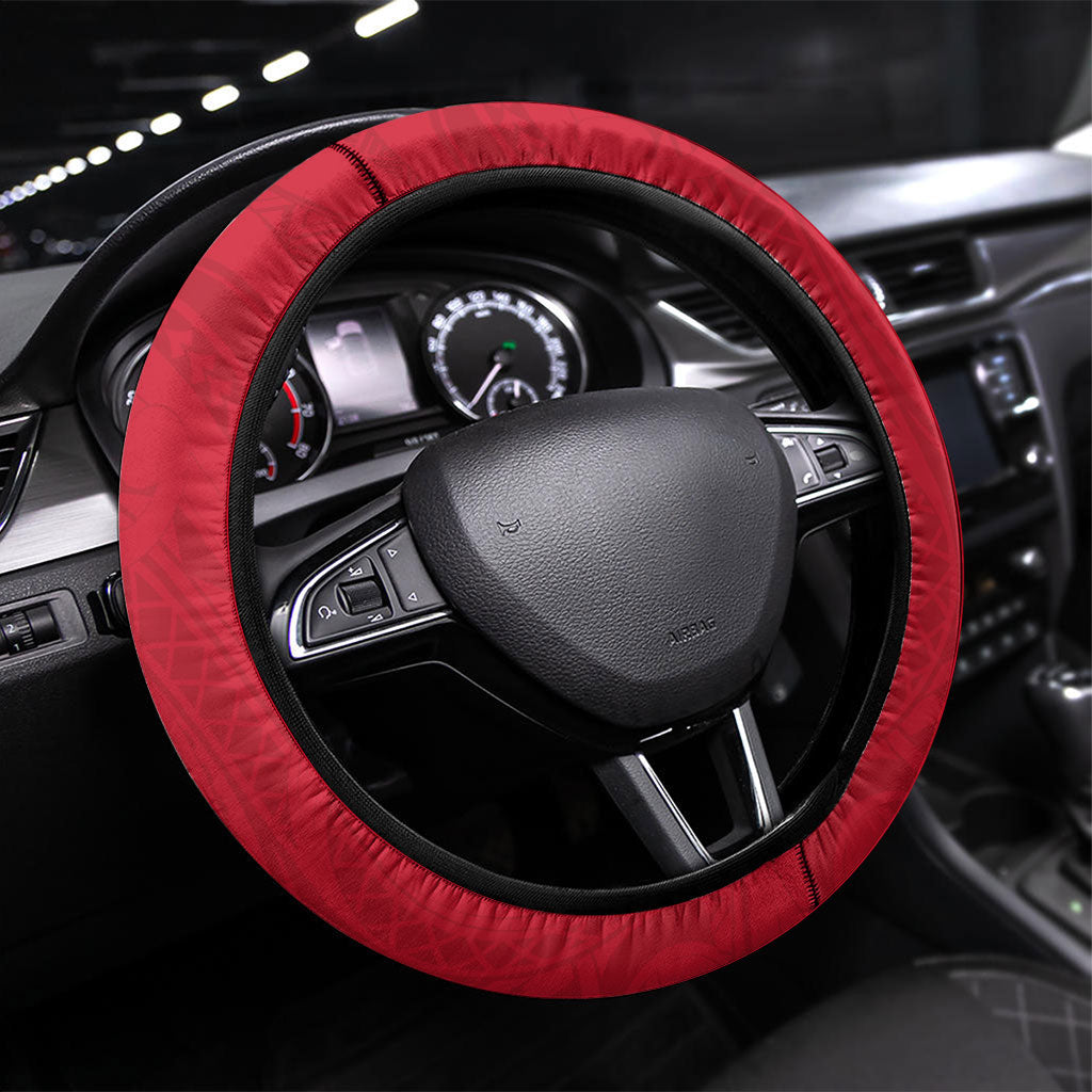 Wallis And Futuna Steering Wheel Cover Tribal Polynesian Tattoo Flag Motif TS04 Universal Fit Red Black - Polynesian Pride
