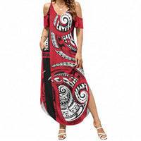 Wallis And Futuna Summer Maxi Dress Tribal Polynesian Tattoo Flag Motif TS04 Women Red Black - Polynesian Pride