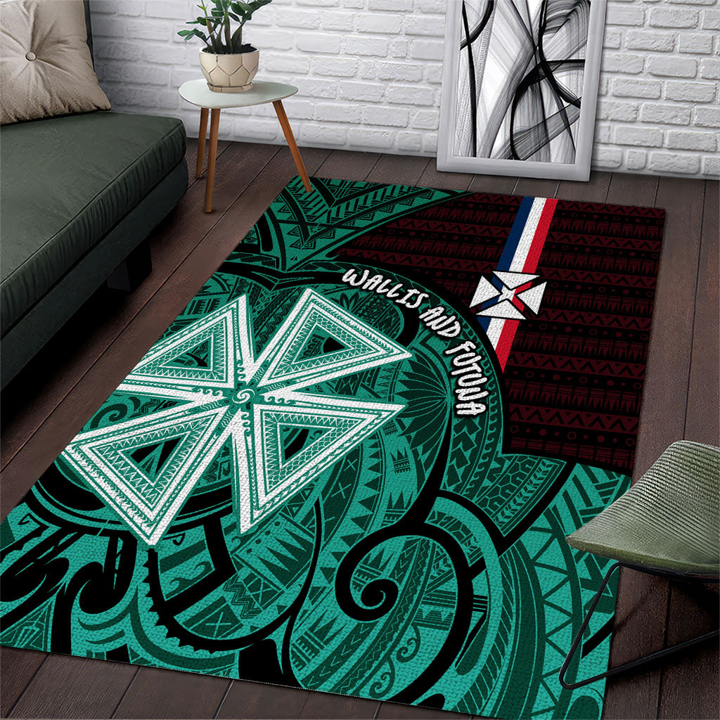 Wallis And Futuna Area Rug Tribal Polynesian Tattoo Heritage Cross Flag TS04 Green Black - Polynesian Pride