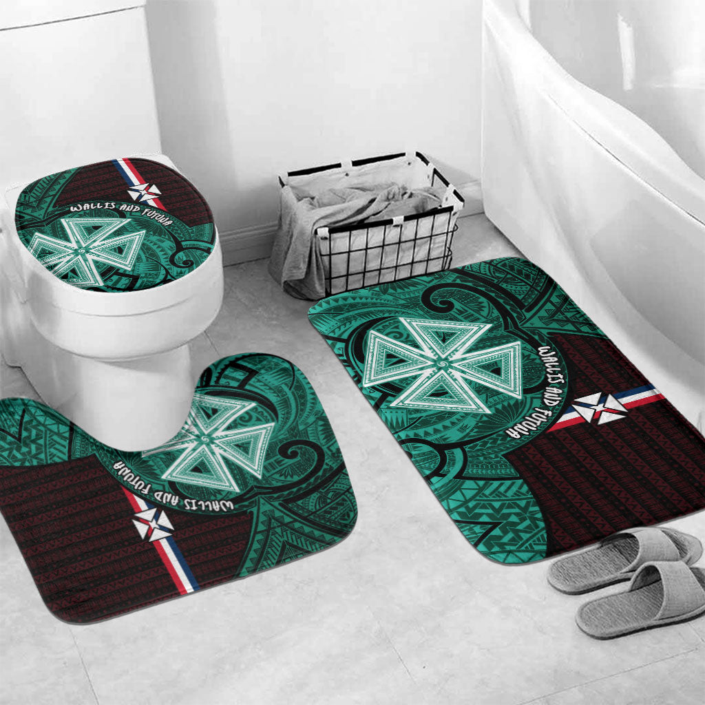Wallis And Futuna Bathroom Set Tribal Polynesian Tattoo Heritage Cross Flag TS04 Mat Set Only (3 pcs) One Size Green Black - Polynesian Pride